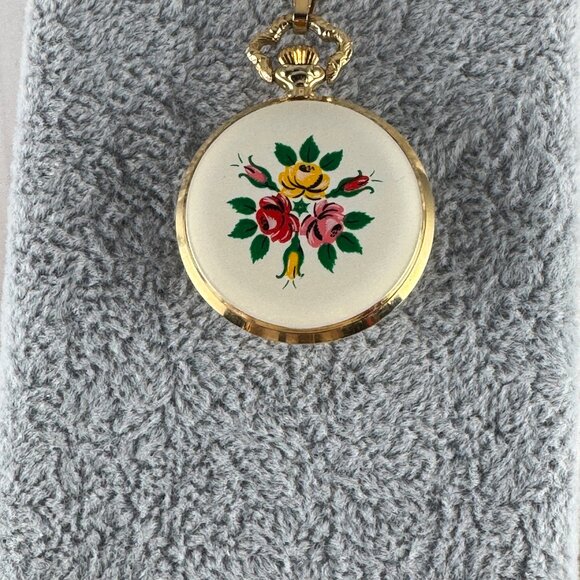 Villeruse 1960s Swiss Hand Wind Necklace Watch with Hand Painted Enameled Roses main image 5